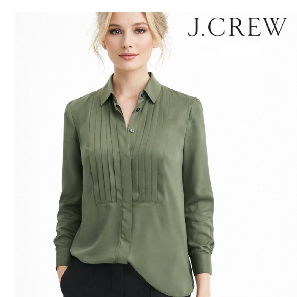 J.Crew Sage Green Blouse Tuxedo Pleat Button Down Blouse Size 0 NWT Chic Preppy